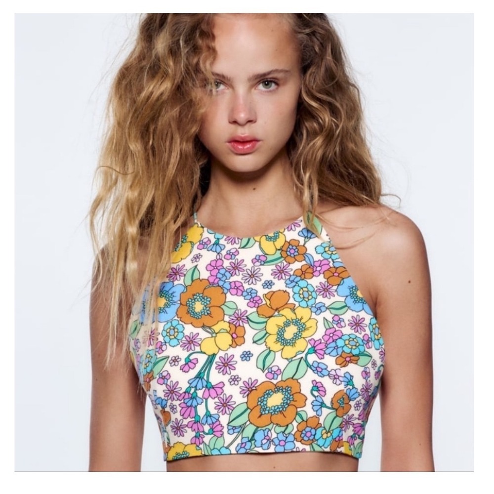 ZARA Colorful 70's Floral High Neck Halter Top S Groovy Hippie